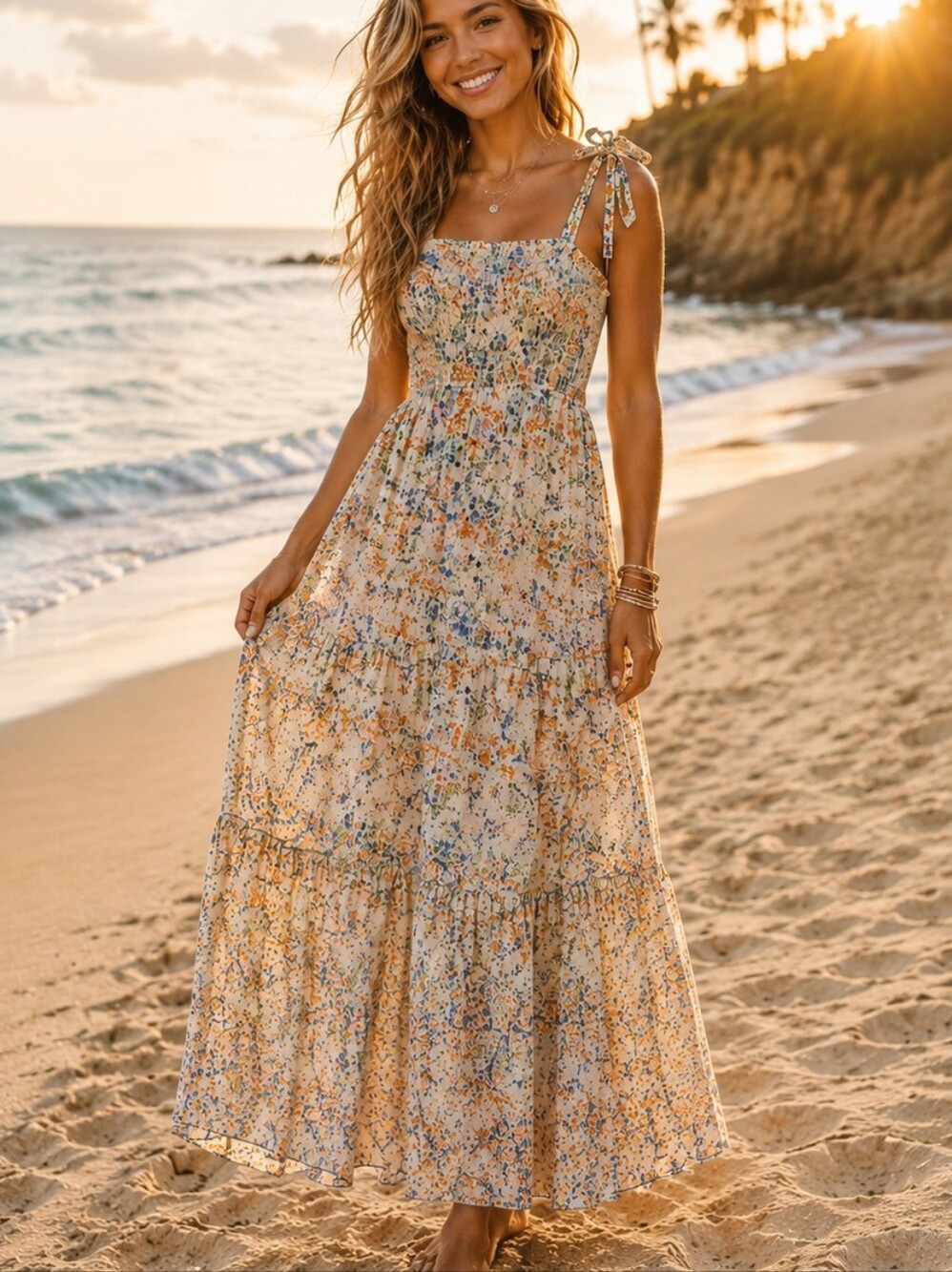 228.FINAL SALE Boho Floral Tie-Shoulder Smocked Maxi Cotton Dress